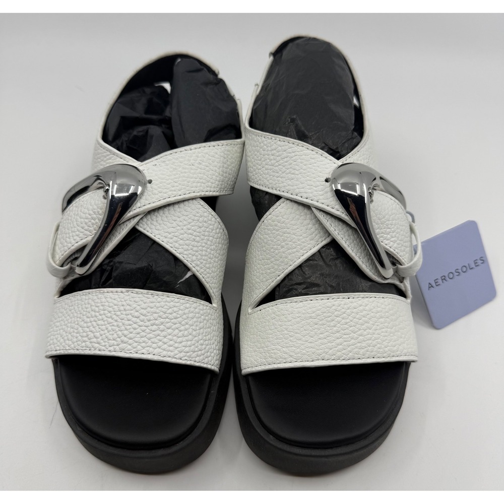 Aerosoles Fez White Pebbled Leather Platform Buckle Slingback Sandals Womens 6M